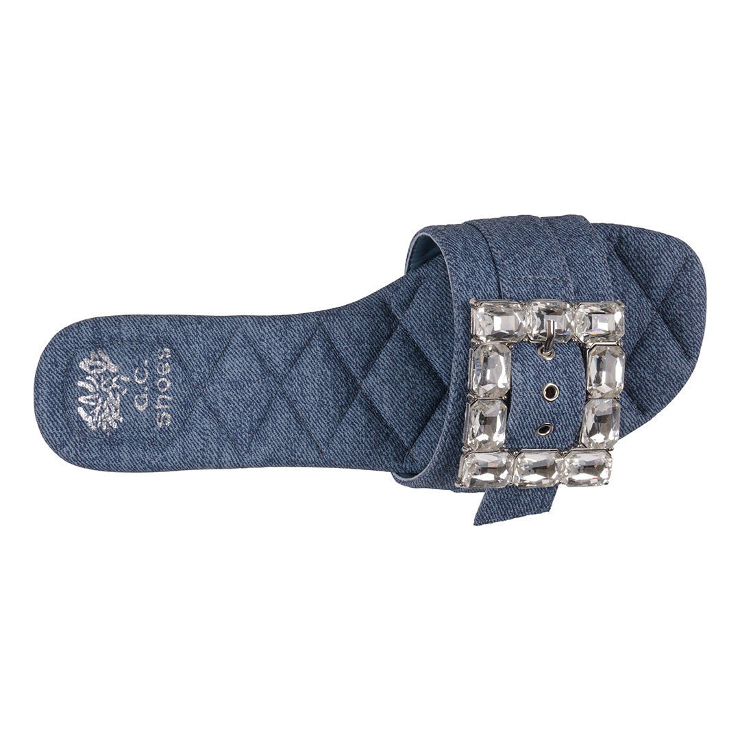 Women's Bianca Denim Rhinestone Buckle Flat Sandals