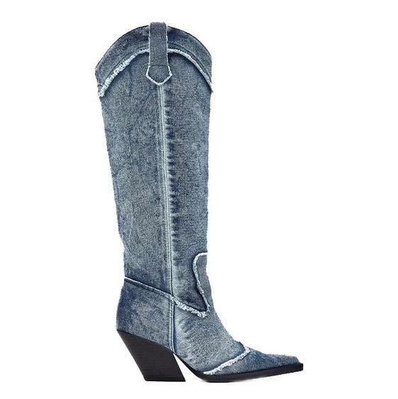 Handcrafted Distressed Denim Knee-High Boots