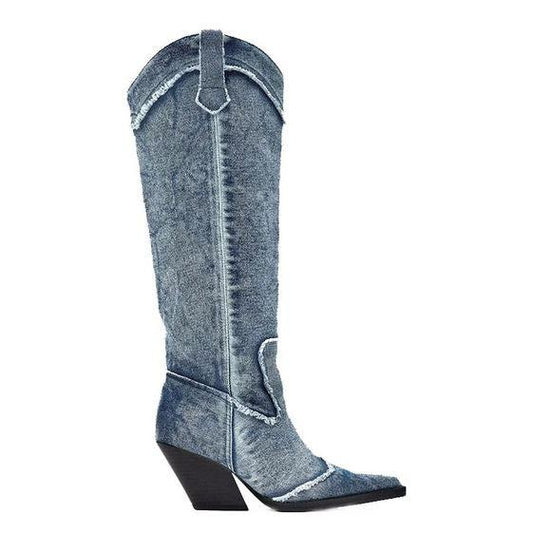 Handcrafted Distressed Denim Knee-High Boots