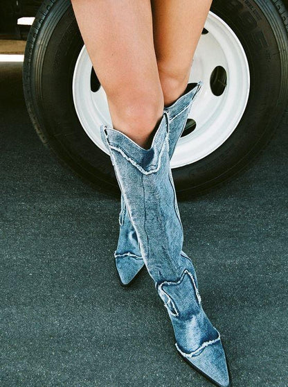 Handcrafted Distressed Denim Knee-High Boots