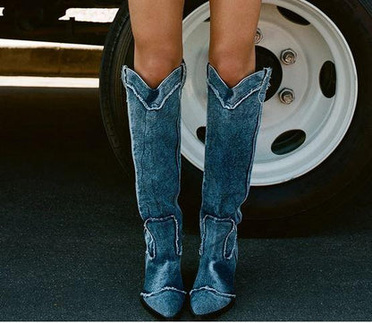 Handcrafted Distressed Denim Knee-High Boots