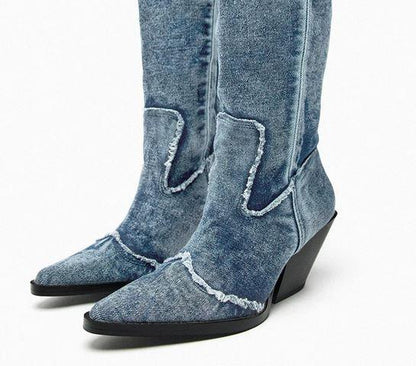 Handcrafted Distressed Denim Knee-High Boots