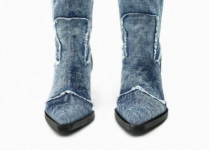 Handcrafted Distressed Denim Knee-High Boots