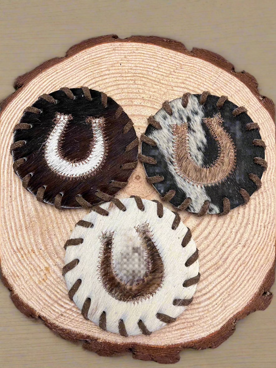 Horse Shoe Cowhide Coasters with Laced Border