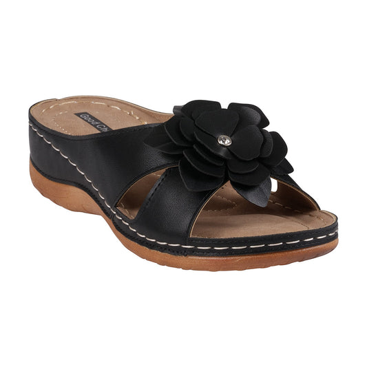 Women's Joy Black Flower Flat Sandals