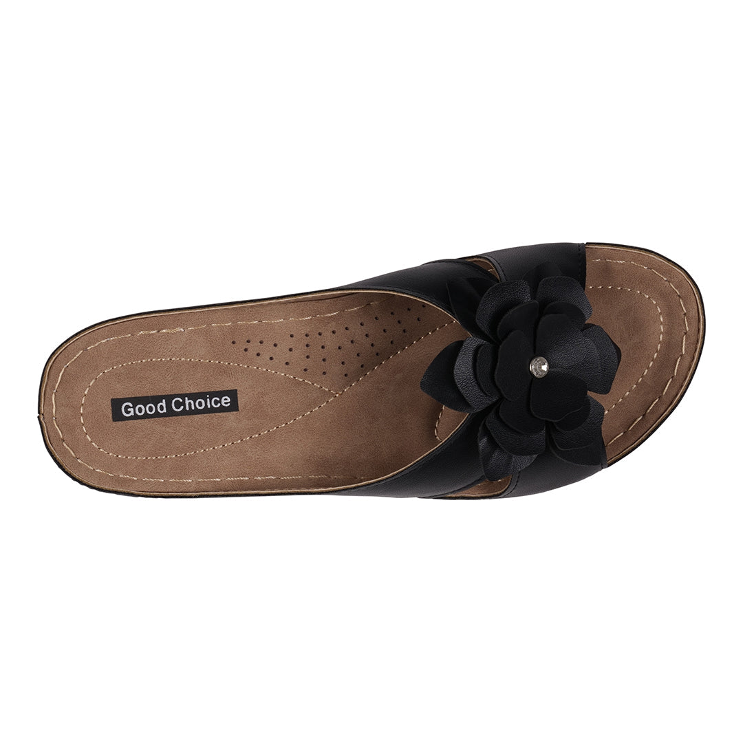 Women's Joy Black Flower Flat Sandals