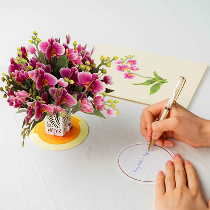 Orchid Flower Bouquet Pop-Up Card with Keepsake