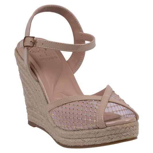 Women's Mila Nude Embellished Mesh Espadrille Wedge Sandals