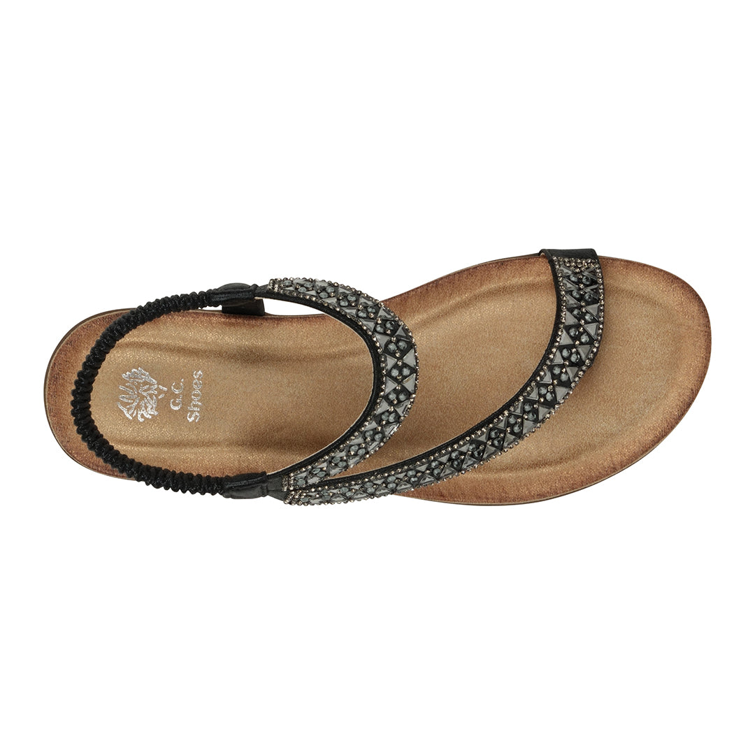 Women's Reille Black Jeweled Slingback Flat Sandals