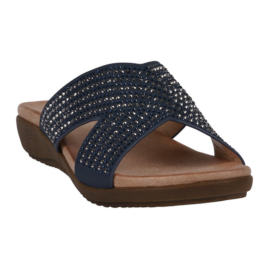 Women's Sharlene Navy Embellished Cross-Strap Flat Sandals