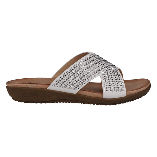 Women's Sharlene Off White Embellished Cross-Strap Flat Sandals