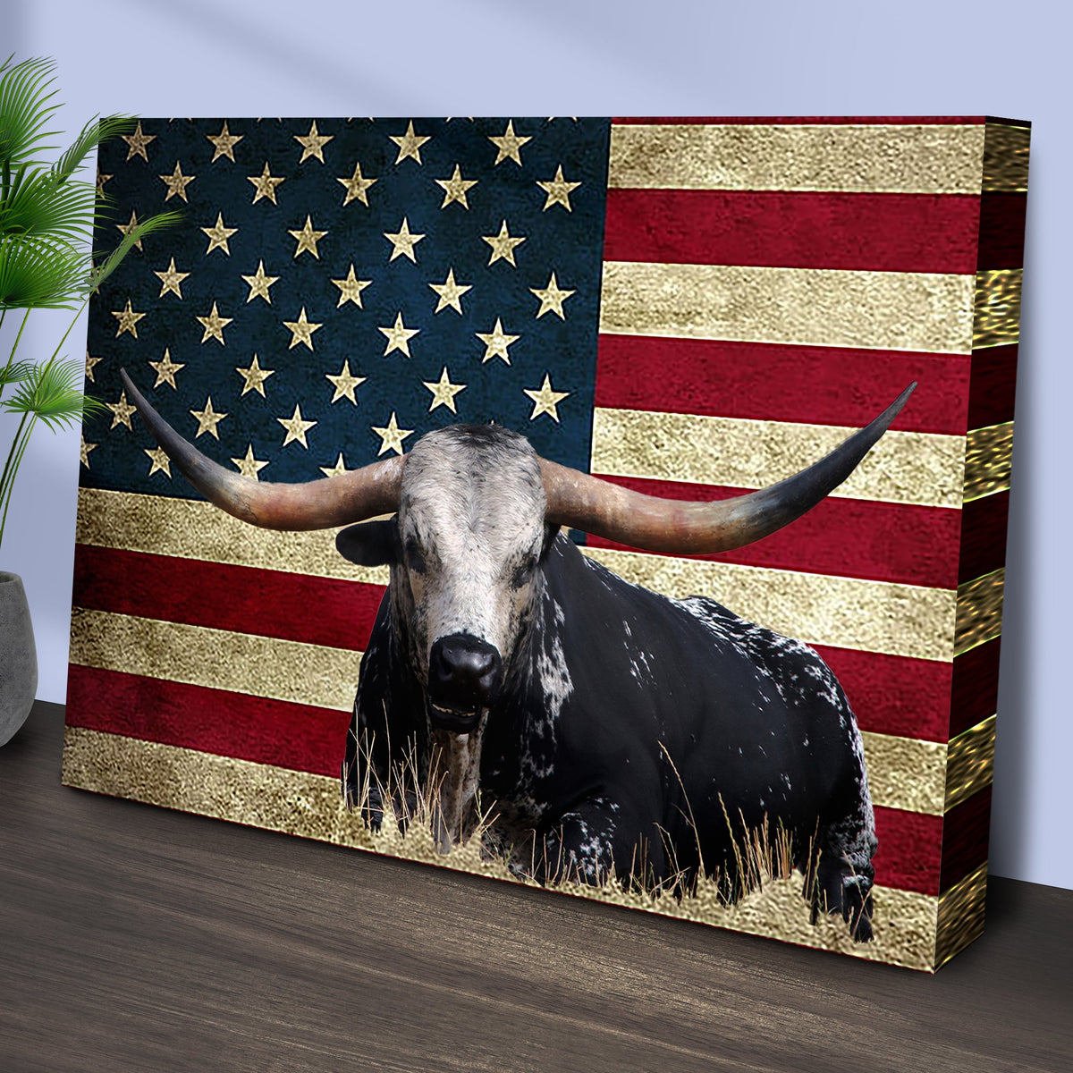 Longhorn Cattle American Flag Canvas Wall Art