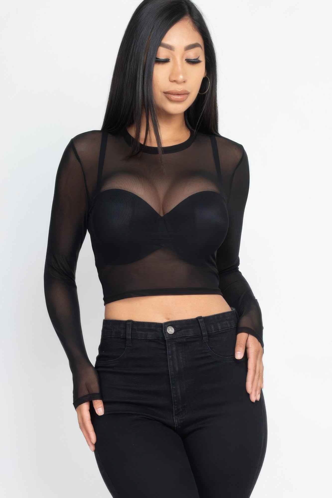 Sheer Mesh Long Sleeve Crop Top