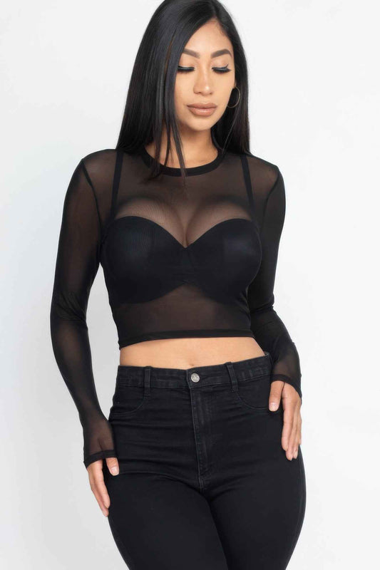 Sheer Mesh Long Sleeve Crop Top