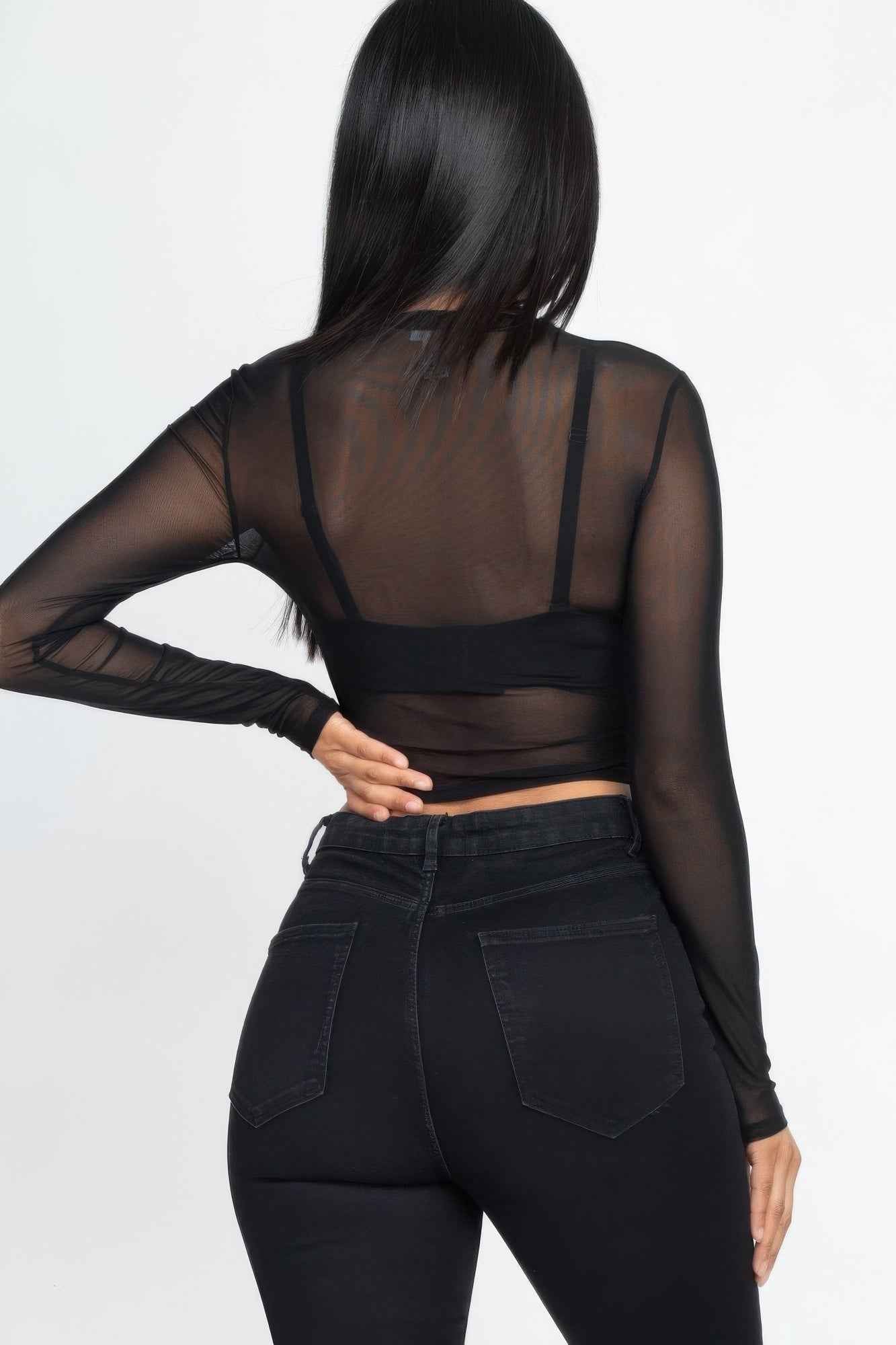 Sheer Mesh Long Sleeve Crop Top