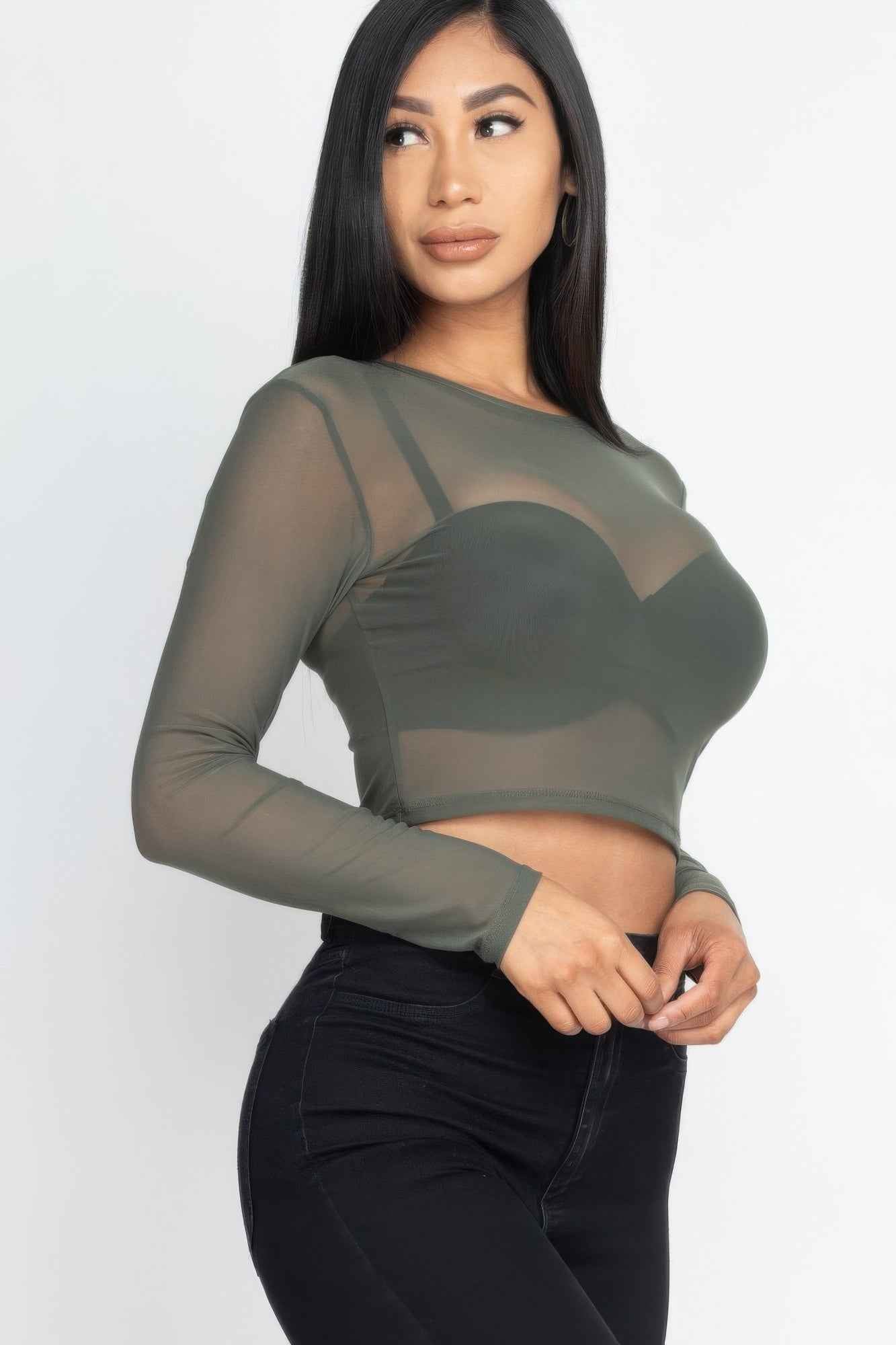 Sheer Mesh Long Sleeve Crop Top