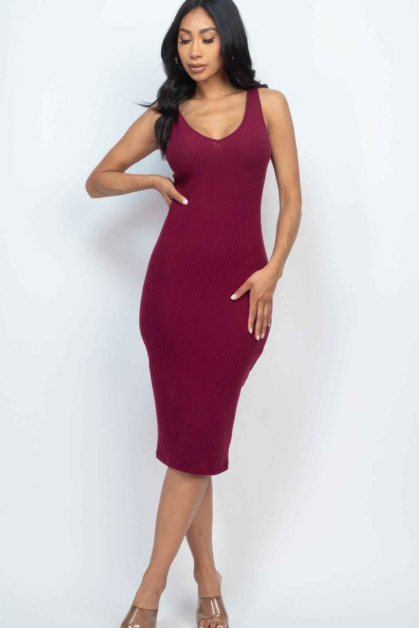 Ribbed Back Slit Bodycon Midi Dress