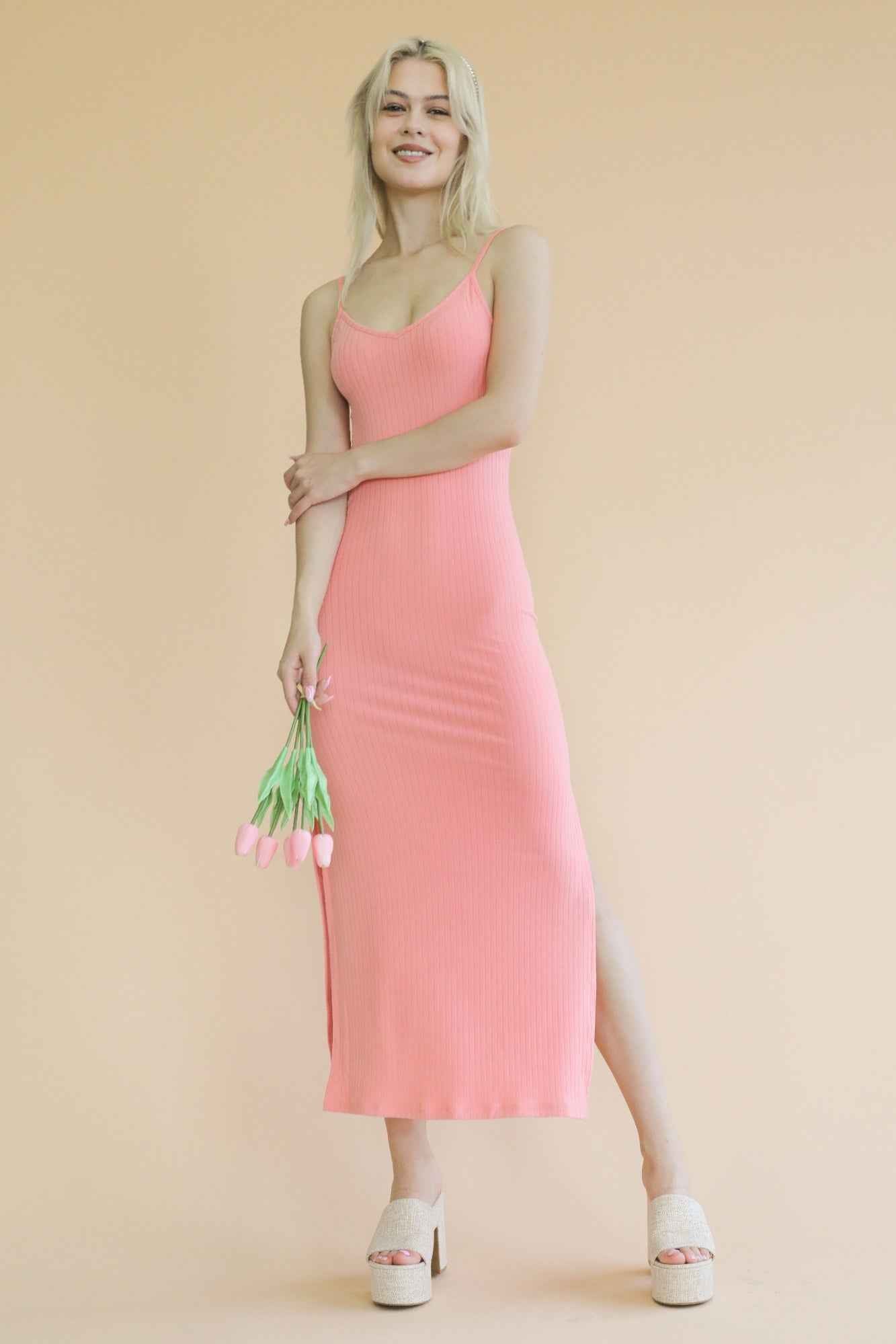 Ribbed Side Slit Long Cami Dress