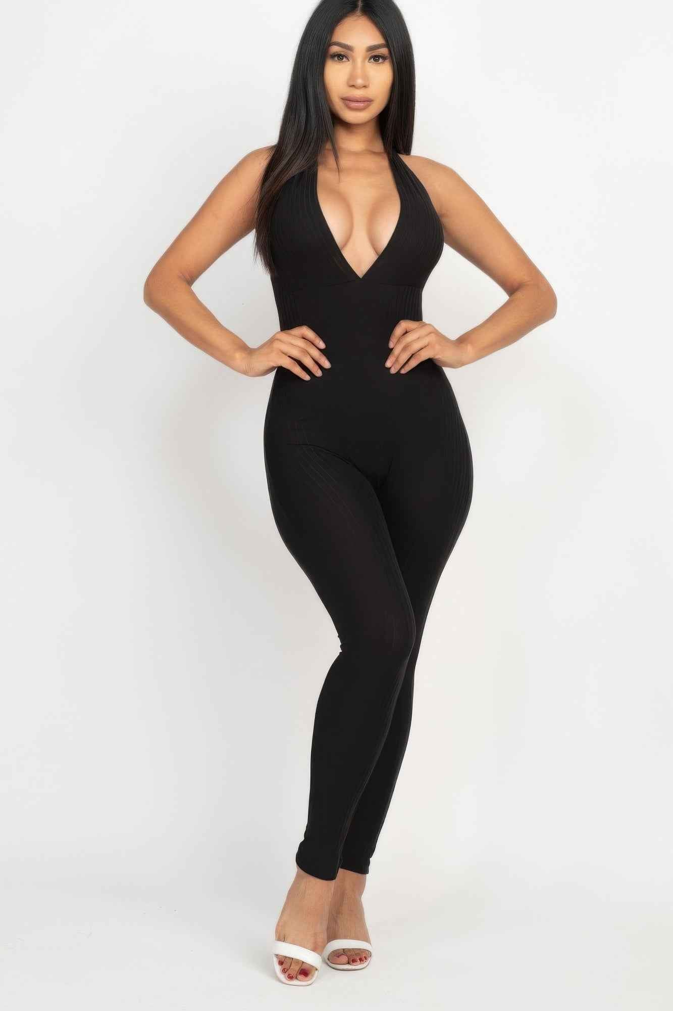 Halter V Neck Ribbed Bodycon Jumpsuit