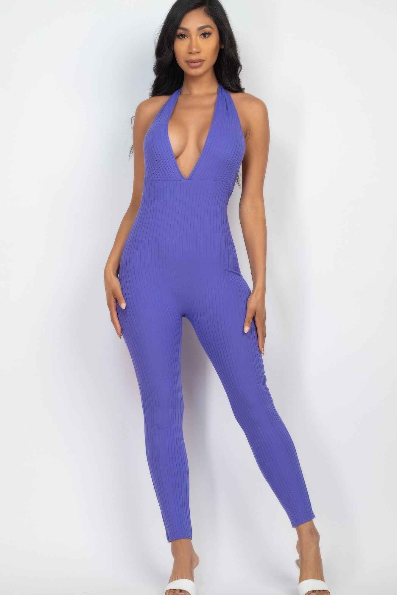 Halter V Neck Ribbed Bodycon Jumpsuit