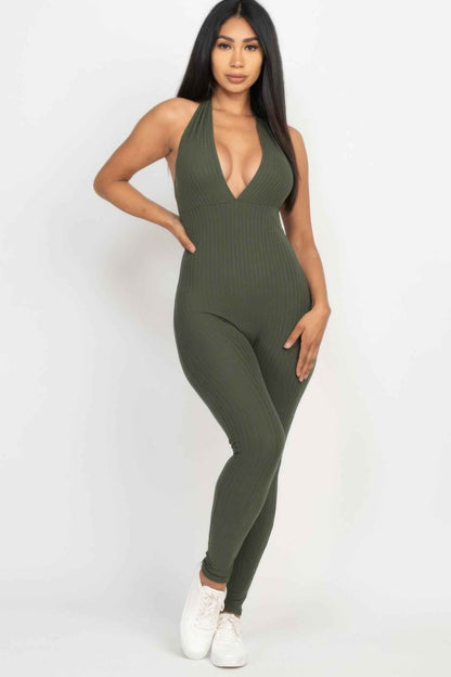 Halter V Neck Ribbed Bodycon Jumpsuit