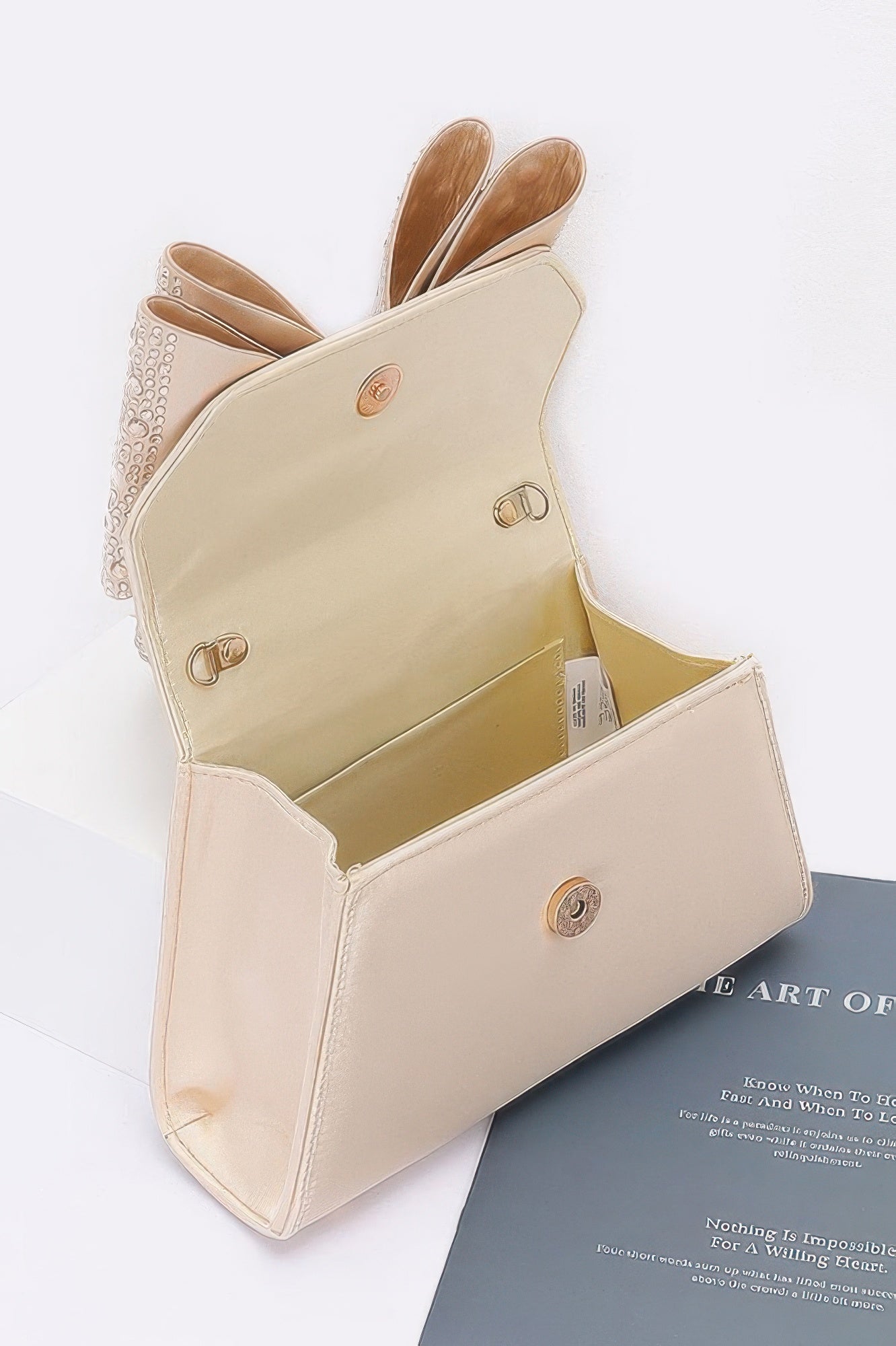 Rhinestone Ribbon Top Handle Satin Flap Bag - It's a Girly Place