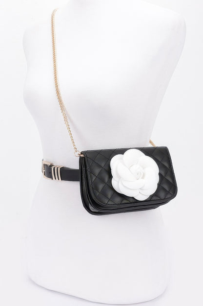 Faux Leather Quilted Flower Beltbag Shoulder Chain - It's a Girly Place