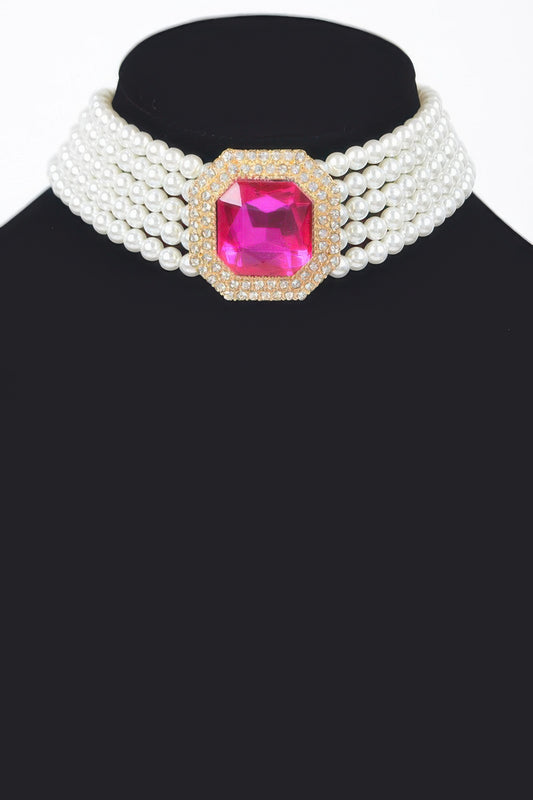 Multi Faux Pearl Chain Stone Choker - It's a Girly Place