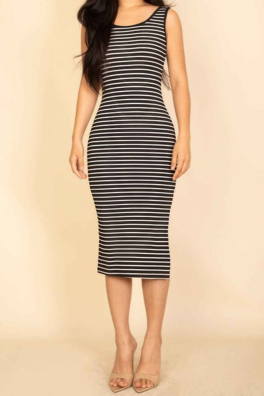 Ribbed Striped Sleeveless Midi Dress With Side Slit