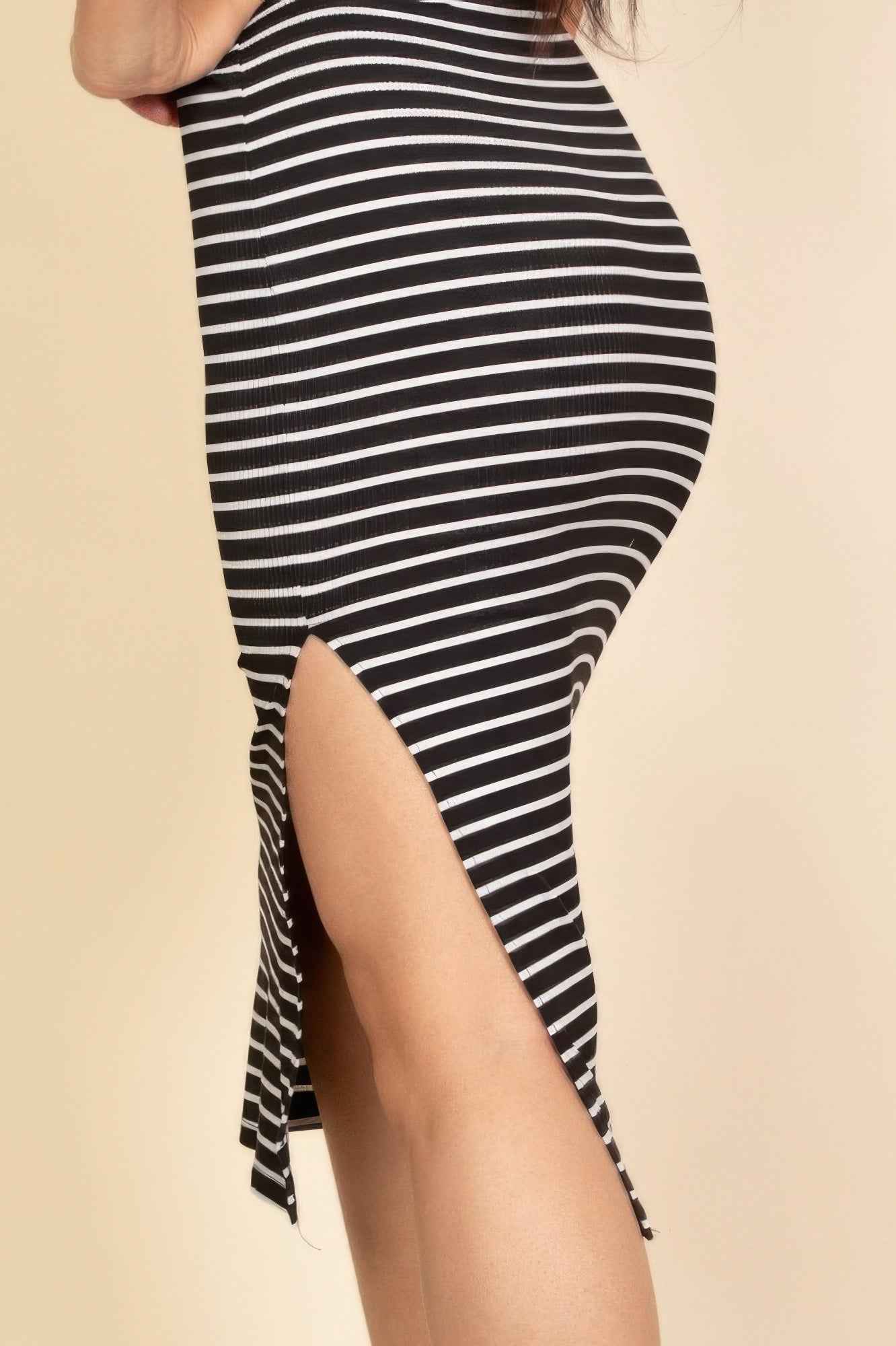 Ribbed Striped Sleeveless Midi Dress With Side Slit