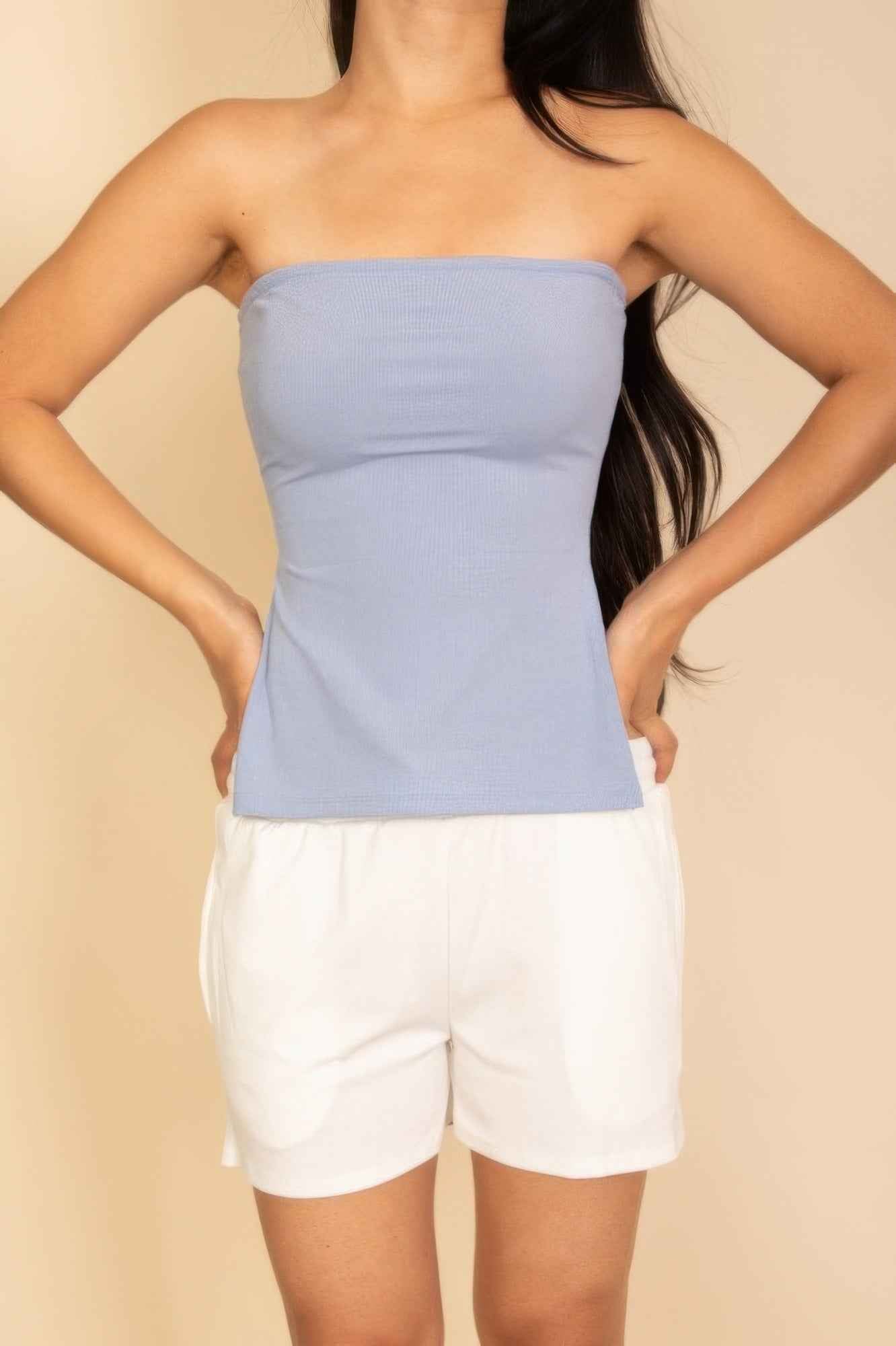 Strapless Ribbed Side-slit Flare Top