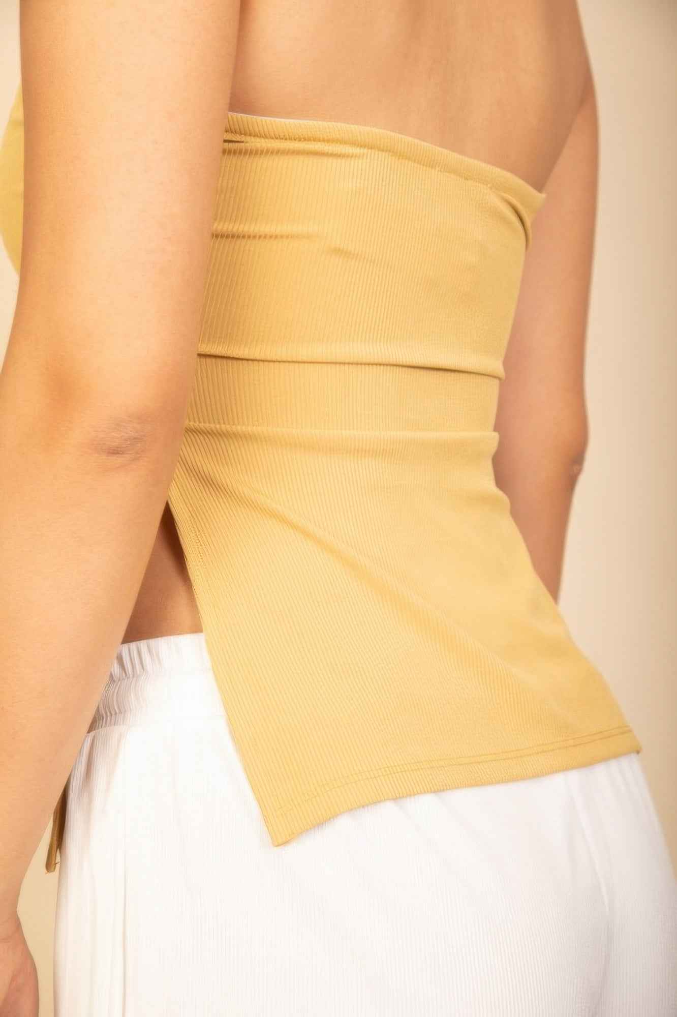 Strapless Ribbed Side-slit Flare Top