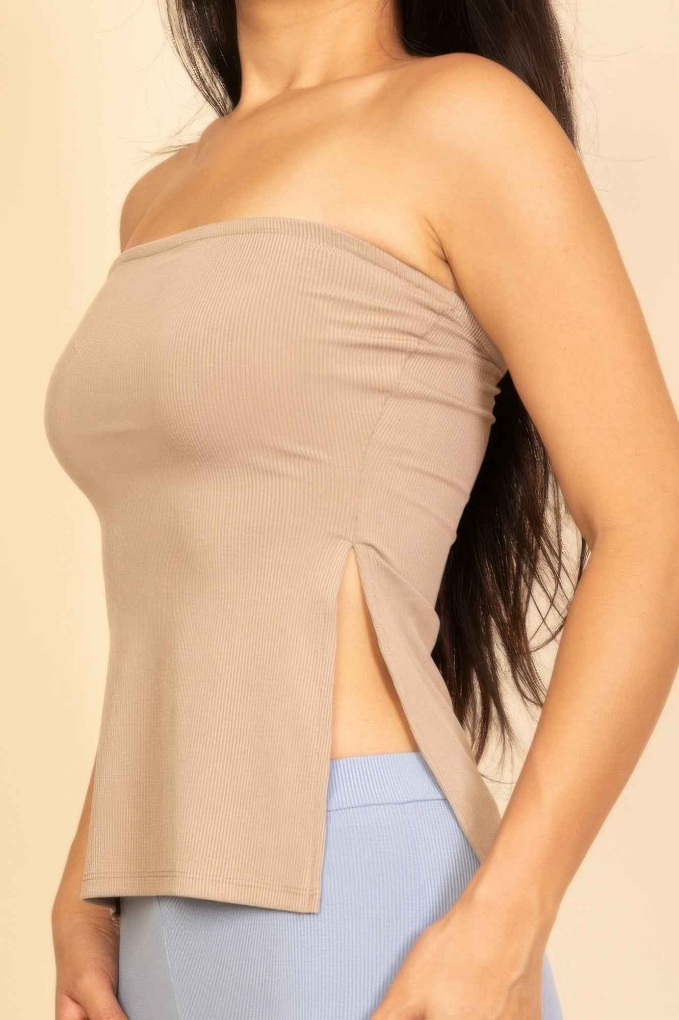 Strapless Ribbed Side-slit Flare Top