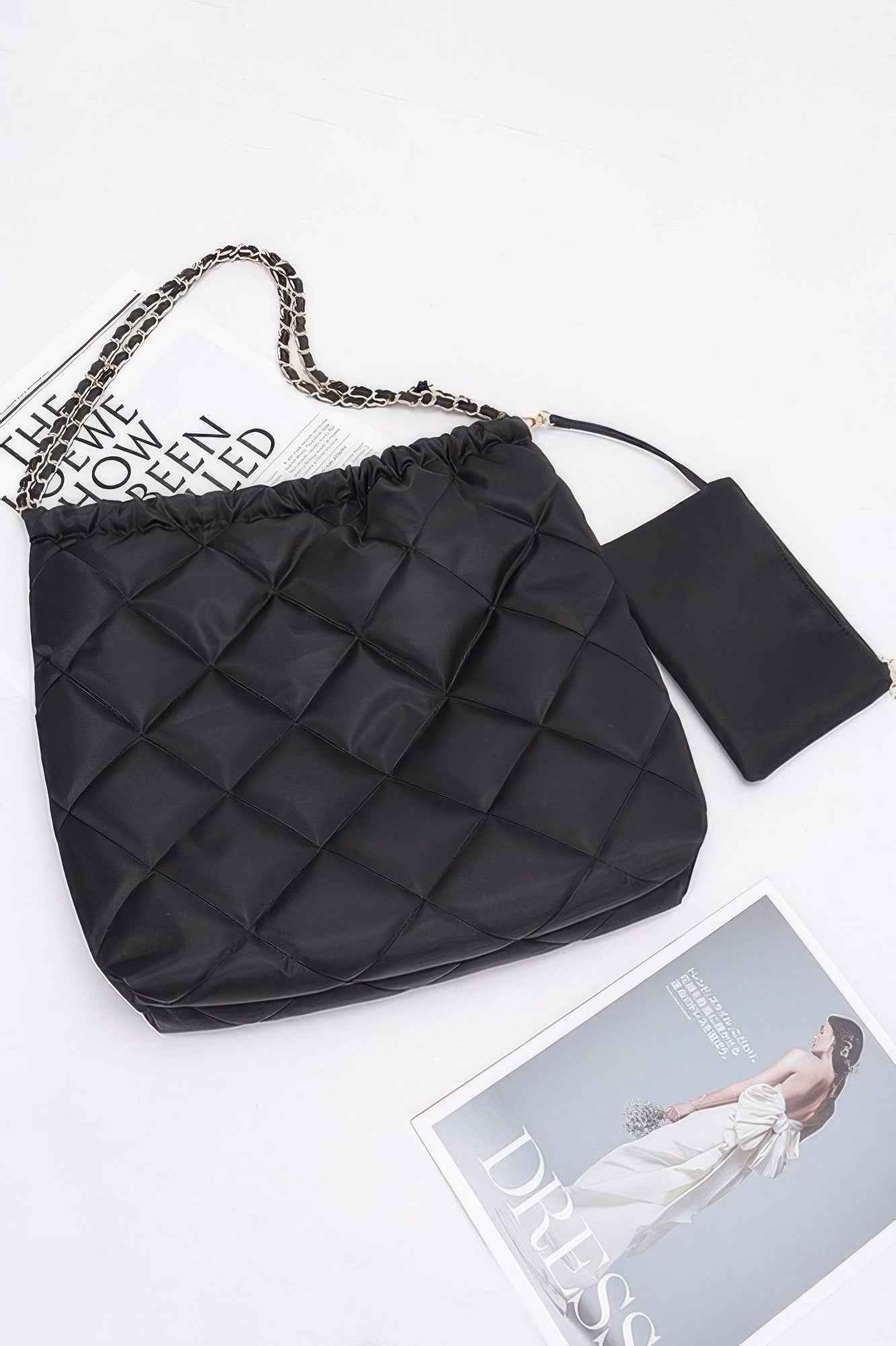 Quilted Padding Nylon Metal Chain Shoulder Bag