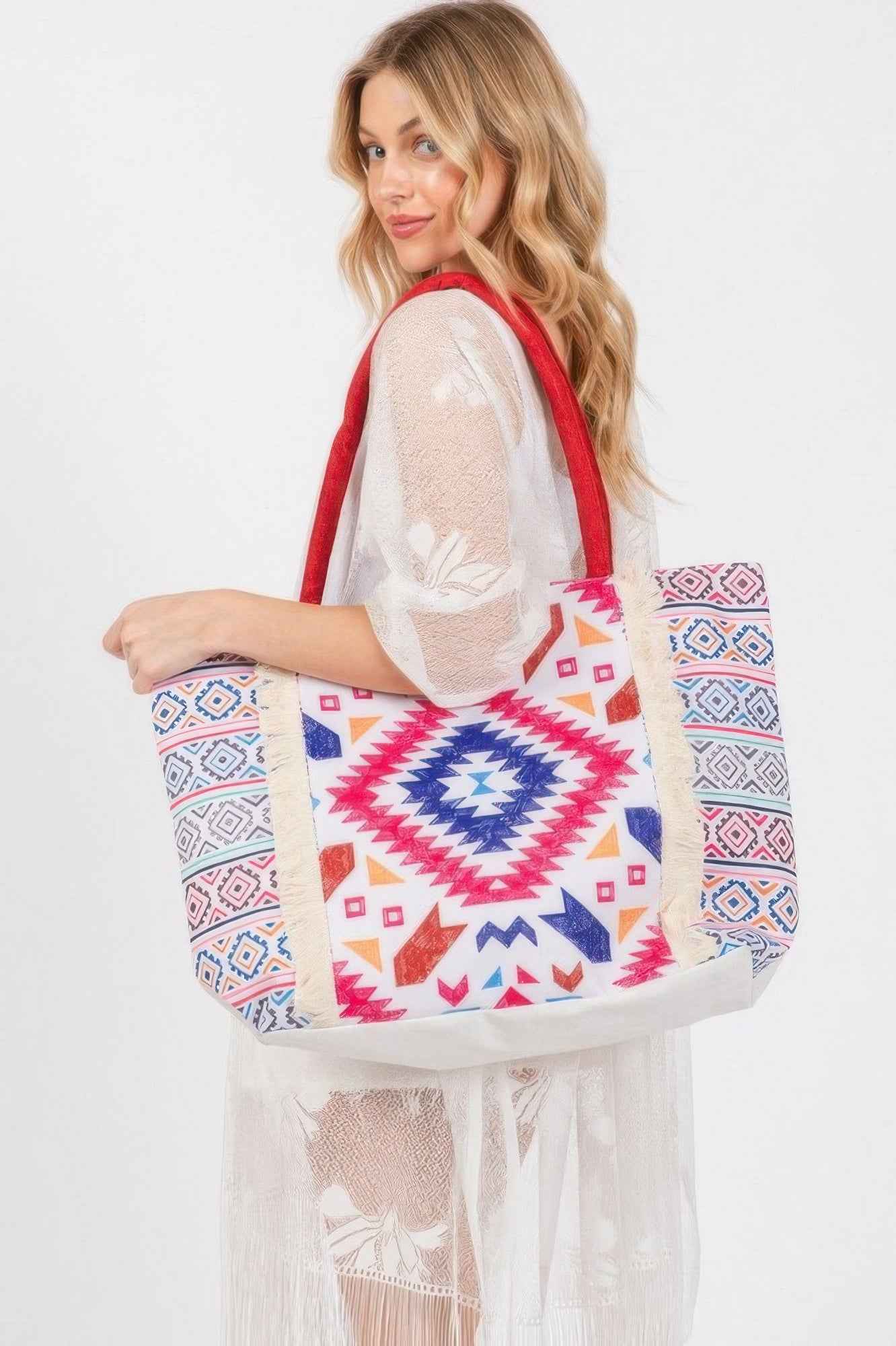 Boho Print Fringe Tote Bag