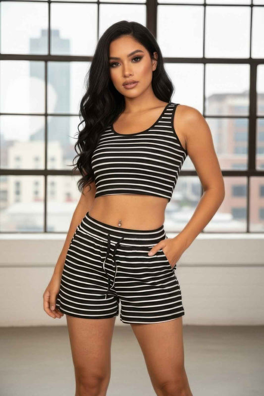 Striped Ribbed Cropped Tank & Shorts Lounge Set