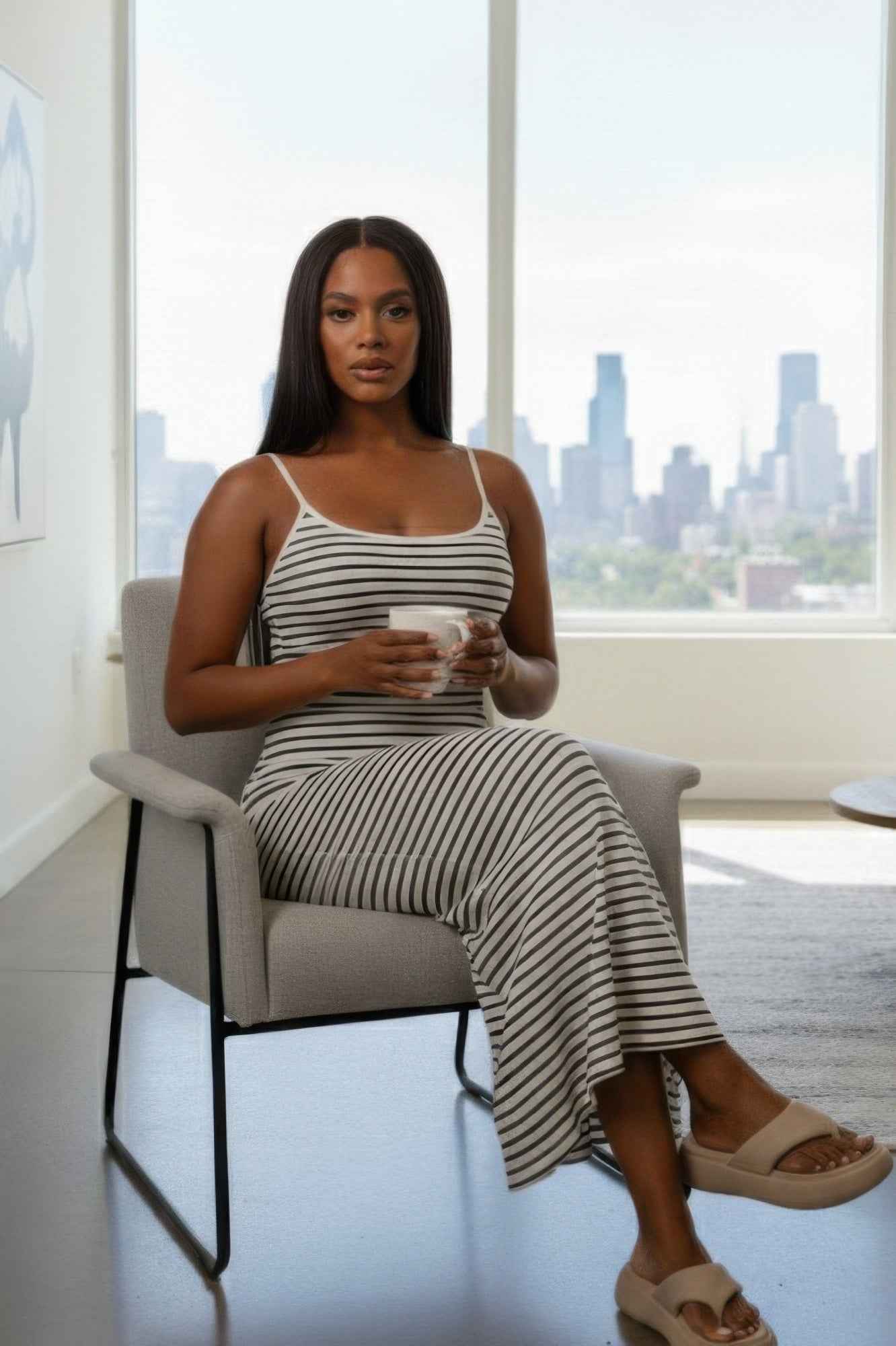 Women's Rib Knit Striped Bodycon Maxi Slip Dress