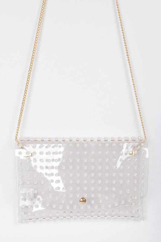 Faux Pearl Studded Transparent Envelope Clutch