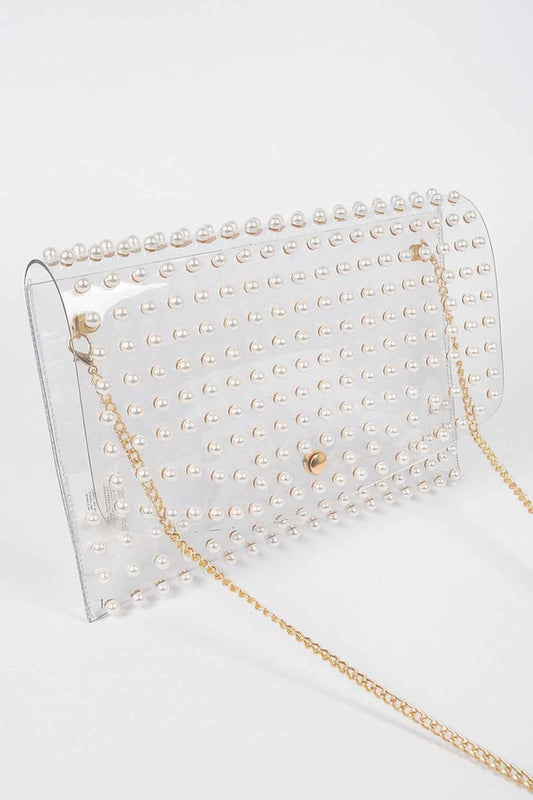 Faux Pearl Studded Transparent Envelope Clutch