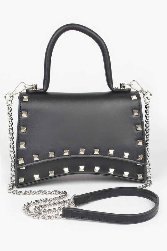 Metallic Faux Leather Studded Top Handle Clutch