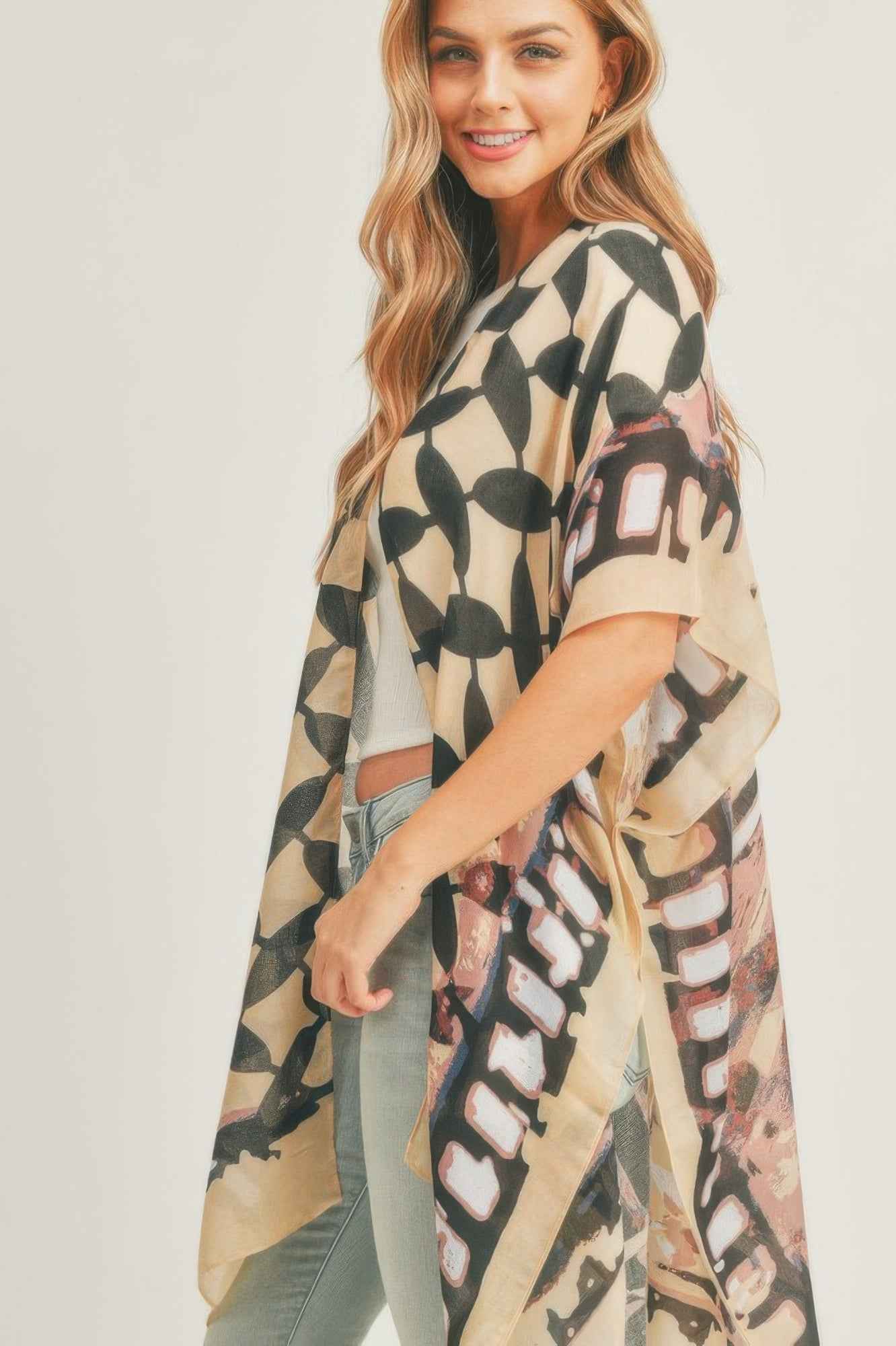 Ombree Front And Geometric Back Print Kimono