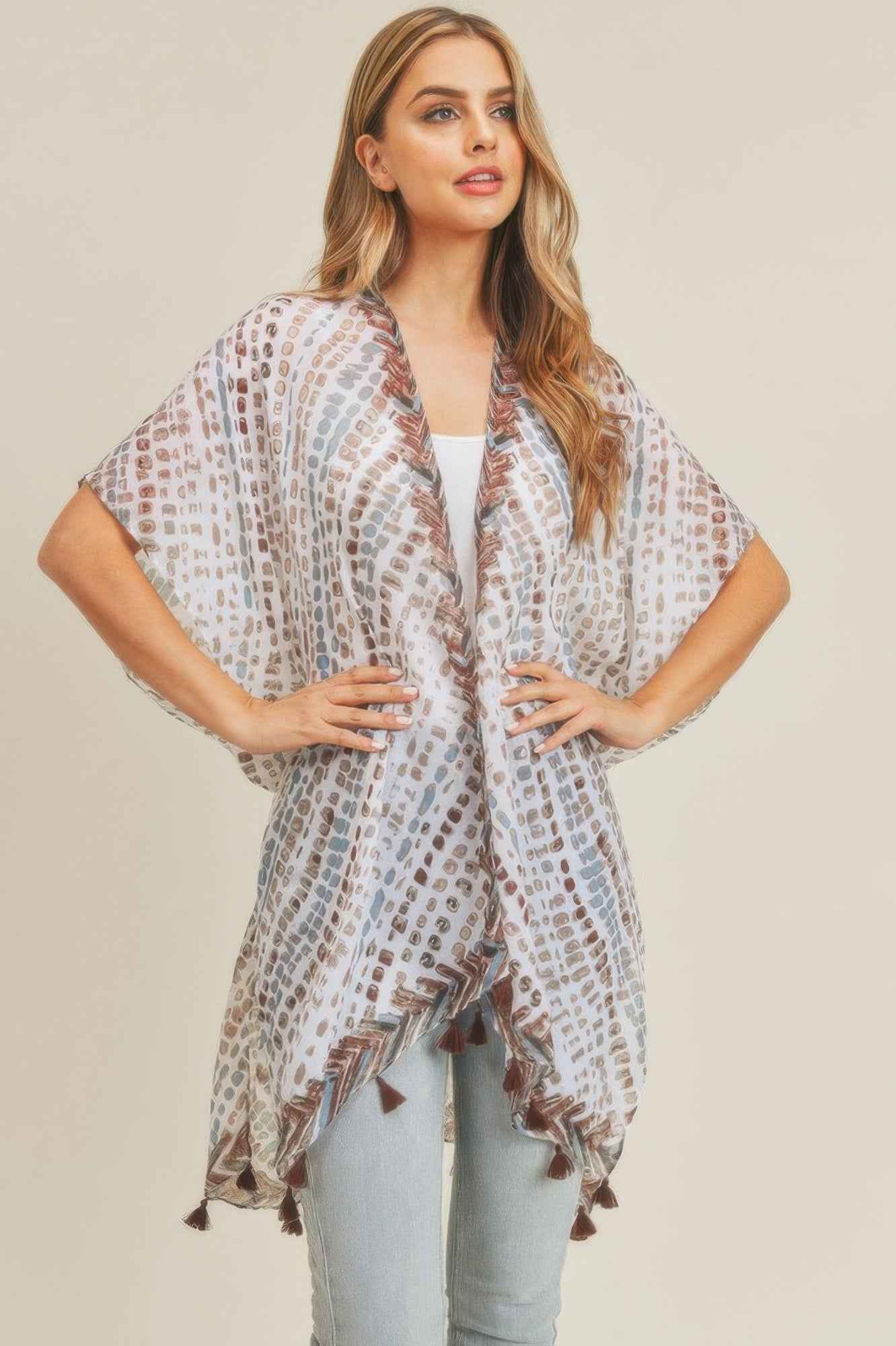 Multi Dash Pattern Tassel Kimono