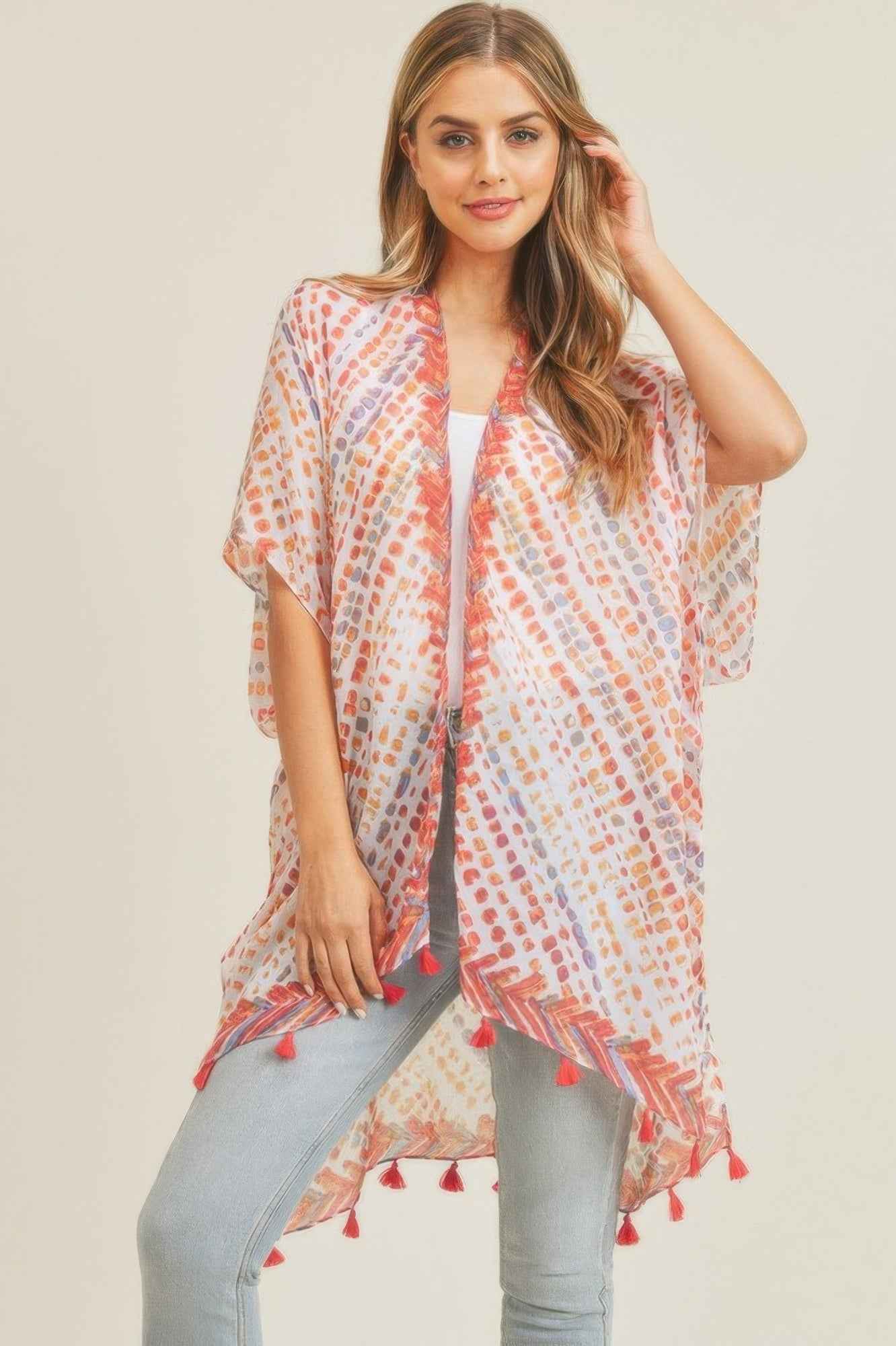 Multi Dash Pattern Tassel Kimono