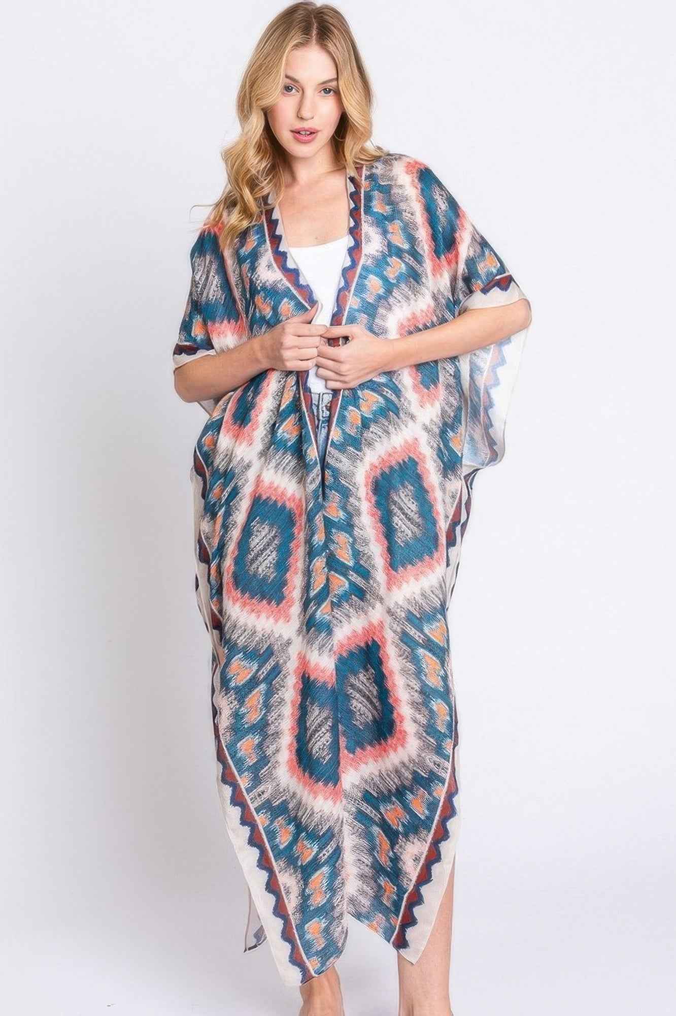 Aztec Print Open Front Long Kimono