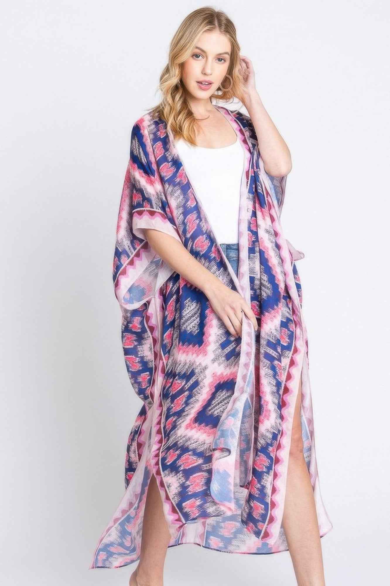 Aztec Print Open Front Long Kimono