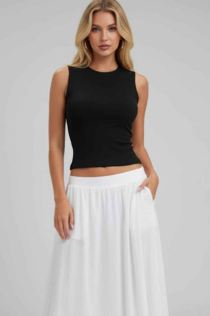 Sleeveless Mock Neck Top With Adjustable Side Slit Tie