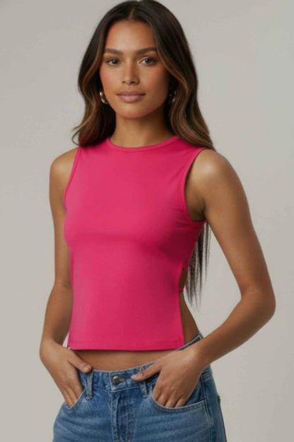Sleeveless Mock Neck Top With Adjustable Side Slit Tie