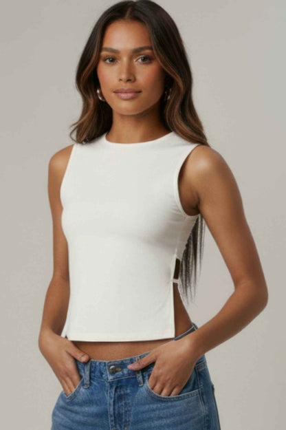 Sleeveless Mock Neck Top With Adjustable Side Slit Tie