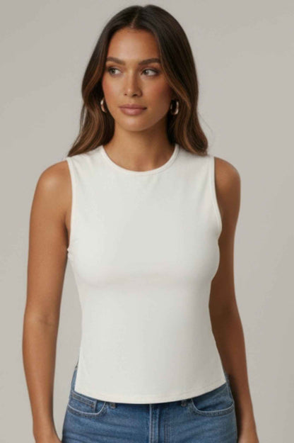 Sleeveless Mock Neck Top With Adjustable Side Slit Tie
