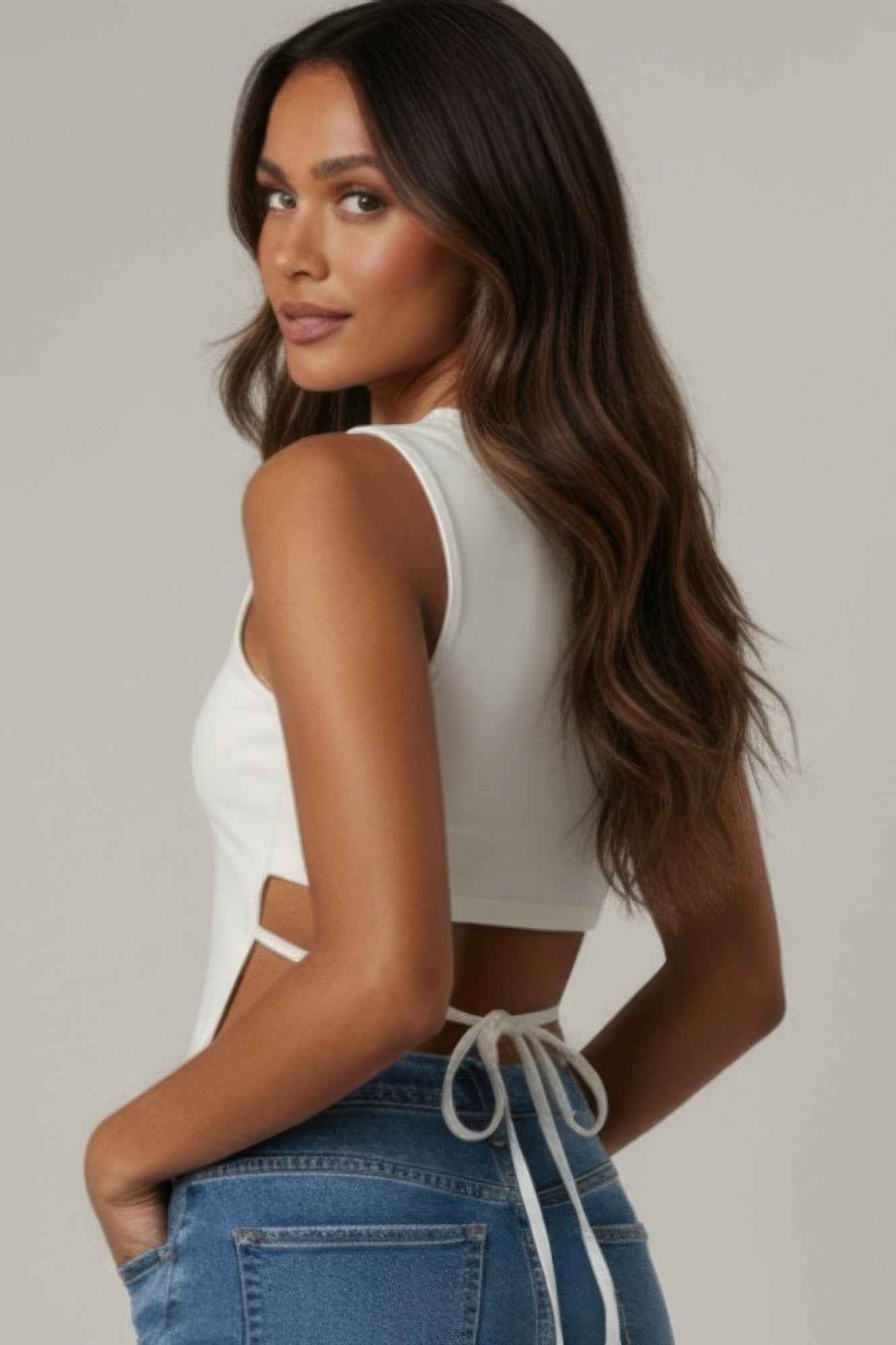 Sleeveless Mock Neck Top With Adjustable Side Slit Tie